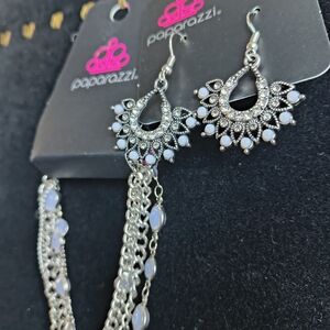 Silver White Boho Teardrop Filigree Earrings And Bracelet Set